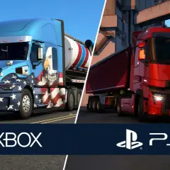 Ciężarówka w amerykańskich barwach i czerwony ciągnik w Euro Truck Simulator 2 na PS5.