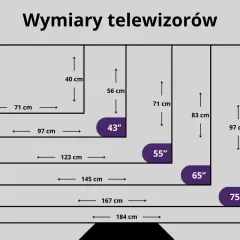 Tabela pokazuje wymiary telewizorów od 32 do 83 cali i zalecaną odległość od tv w cm.