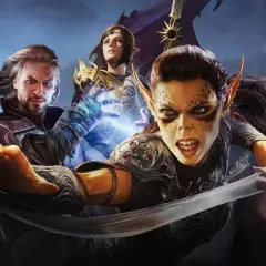 Postacie z Baldur's Gate 4: groźna goblinica, czarodziejka, mężczyzna z mocą i demonica z ogniem.