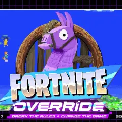 Fortnite nowy sezon Override. Fioletowa lama i gracze na spadochronach w pikselowym stylu.