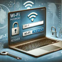 Jak sprawdzić hasło do Wi-Fi? Laptop z ekranem pokazującym okno logowania do sieci Wi-Fi, z ikonami zamków i kluczem.