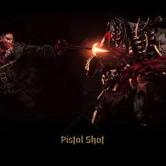Bohater z **Darkest Dungeon 2** strzela z pistoletu do potwora.