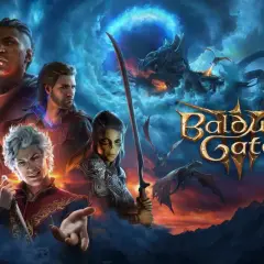 Postacie z Baldur's Gate 3, w tym demoniczna istota, wojownik i czarodziejka, stoją na tle mrocznego nieba z smokami i logo gry.
