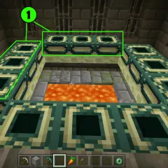 Aktywny portal do endu w Minecraft, otoczony ramkami z lawą w środku.