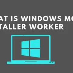 Grafika z napisem "WHAT IS WINDOWS MODULE INSTALLER WORKER" i ikoną laptopa z logo Windows.