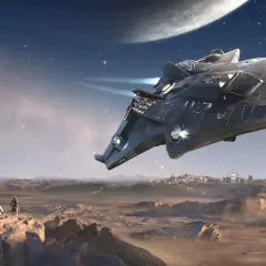 Statek kosmiczny nad obcą planetą, gdzie dwaj astronauci obserwują bazę. Scena jak z najlepszych **grach o kosmosie**.