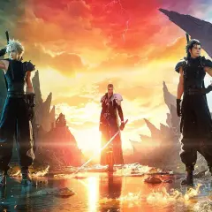 Chmurny krajobraz i trzej bohaterowie, w tym Cloud i Zack, w epickiej scenie z Final Fantasy 7 Rebirth.