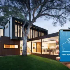 Nowoczesny dom z ogrodem, sterowany przez aplikację Smart Home na telefonie.