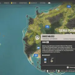 Mapa Far Cry 6 z zaznaczonym zadaniem "Owoce miłości" w regionie Sierra Perdida.