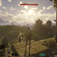 Postać w grze MMORPG Ashes of Creation stoi na murze, podziwiając ruiny i góry. Słońce przebija się przez chmury.
