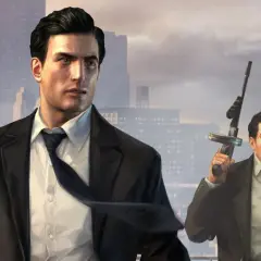 Dwóch mężczyzn w garniturach na tle miasta. Jeden trzyma pistolet maszynowy. To scena z gry Mafia 2, idealna do poradnika.