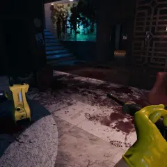 Ręka w żółtej rękawiczce trzyma narzędzie, gotowa do pracy jako **crime scene cleaner** w zalanym krwią wnętrzu.