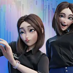 Dwie animowane postacie, przypominające Samsung Sam, w czarnych koszulkach. Jedna robi selfie telefonem, druga wskazuje palcem.