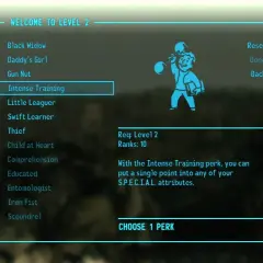Wybór umiejętności "Intense Training" w Fallout 3 poradnik. Pozwala na zwiększenie atrybutów S.P.E.C.I.A.L.