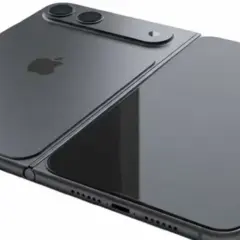 Koncepcja iPhone fold w ciemnoszarym kolorze, z podwójnym aparatem i logo Apple.