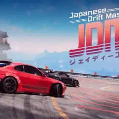 JDM Japanese Drift Master: czerwony i czarny samochód driftują na torze, w tle japońska pagoda i kwitnąca wiśnia.