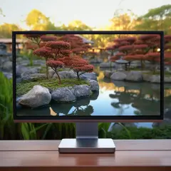 Monitor wyświetla japoński ogród w jakości 4k ultra hd. Widać stawy, kamienie i drzewka bonsai.