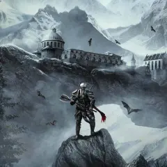 Wojownik z toporem na tle zimowych gór i zamków, idealny dla fanów gier podobnych do Skyrim.