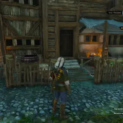 Geralt stoi przed budynkiem z napisem "KABARET" w Wiedźminie 3. Czeka go zadanie związane z plakatami.