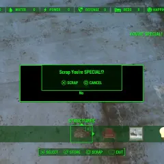 W grze Fallout 4, ekran potwierdzenia "Scrap You're SPECIAL!?" sugeruje, że gracz może chcieć wykorzystać kody, aby odzyskać przedmioty.