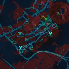 Mapa z gry Cyberpunk 2077. Widoczne znaczniki misji, w tym "Ross Ulmer", "Ayo Zarin" i "Dron Arasaka". To może być kluczowe dla **cyberpunk widmo wolności zakończenia**.