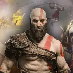 Kratos, bóg wojny, w swoim epickim remake'u. Widzimy go w centrum, z bliznami i groźnym spojrzeniem, otoczonego scenami walki.