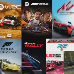 Kolaż okładek gier wyścigowych: Assetto Corsa Competizione, WRC, F1 2020, Gran Turismo 7, Dirt Rally 2.0, Forza Motorsport, Assetto Corsa Rally, Automobilista 2, Assetto Corsa Evo, Le Mans Ultimate, iRacing.