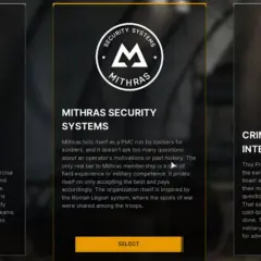 Wybór frakcji w grze: LAMAANG, MITHRAS SECURITY SYSTEMS, CRIMSON SHIELD. Symbole i opisy sugerują świat gry z elementami szarej strefy wojny.