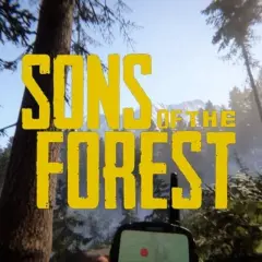 Napis "SONS OF THE FOREST" na tle lasu i gór. Gra survivalowa, która wkrótce pojawi się na Xbox.