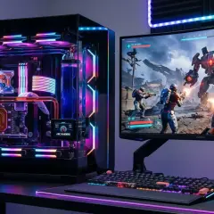 Komputer z podświetleniem RGB i ekranem wyświetlającym grę Arc Raiders.