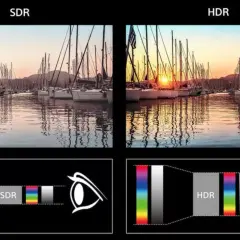 Porównanie SDR i HDR: jachty w porcie o zachodzie słońca. HDR oferuje szerszy zakres kolorów i detali, co to znaczy dla obrazu.