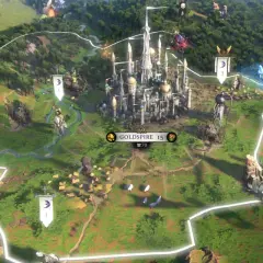 Mapa strategiczna z gry **Age of Wonders**. W centrum majestatyczny zamek, otoczony zielonymi terenami, lasami i górami. Widać jednostki, flagi i punkty kontrolne.
