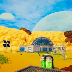 Baza **planet crafter** na obcej planecie: kopuła, panele słoneczne, roboty i dziwne formacje skalne pod dwoma księżycami.