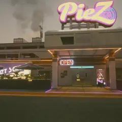 Cyberpunkowa pizzeria PieZ z neonowym znakiem. Zbliża się misja "Znak Jonasza", by usiąść przy stole.