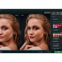 Program do obróbki zdjęć pokazuje porównanie portretu przed i po zastosowaniu makijażu. Widoczne są opcje edycji: szminka, róż, bronzer.