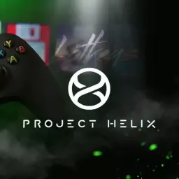 Dłoń trzyma kontroler do **xbox next gen**. W tle logo "Project Helix" i dym.