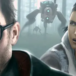 Gordon Freeman i Alyx Vance w lesie, w tle widać Combine Stridera. Wizualizacja Half-Life 2: Episode Three.
