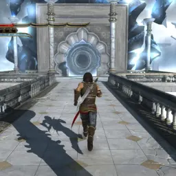 Książę Persji biegnie przez eteryczny most w kierunku wirującego portalu, w świecie Prince of Persia Zapomniane Piaski.