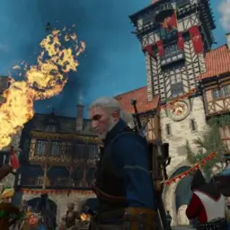 Geralt w tłumie, płonąca pochodnia i budynki w stylu średniowiecznym. Wygląda jak scena z Wiedźmina 3, być może z modami.