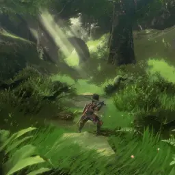 Link w kapeluszu przemierza leśną ścieżkę w grze Zelda Breath of the Wild na PC. Promienie słońca przebijają się przez drzewa.