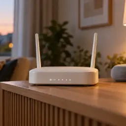 Domowy router Wi-Fi obok inteligentnego głośnika na półce