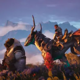 Witaj w świecie Guild Wars 3! Wojownicy w zbrojach, w tym niedźwiedź, siedzą na łące. Na grzbiecie smoczego wierzchowca siedzi jeździec.