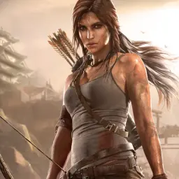Lara Croft z łukiem i strzałami, gotowa do akcji w świecie Tomb Raider 2013. W tle azjatycki krajobraz z pagodami i mostami.