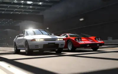 Biały Nissan i czerwony Lamborghini ścigają się w Gran Turismo 8.