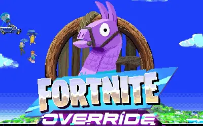 Fortnite nowy sezon Override. Fioletowa lama i gracze na spadochronach w pikselowym stylu.