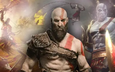 Kratos, bóg wojny, w swoim epickim remake'u. Widzimy go w centrum, z bliznami i groźnym spojrzeniem, otoczonego scenami walki.