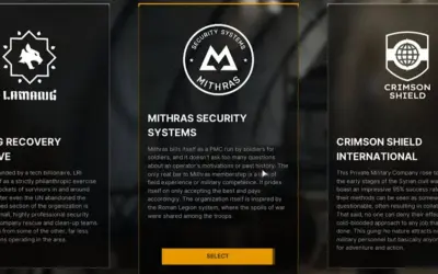 Wybór frakcji w grze: LAMAANG, MITHRAS SECURITY SYSTEMS, CRIMSON SHIELD. Symbole i opisy sugerują świat gry z elementami szarej strefy wojny.