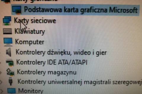 Jak sprawdzić kartę graficzną w Win11? Widok Menedżera urządzeń, gdzie widać "Podstawowa karta graficzna Microsoft".