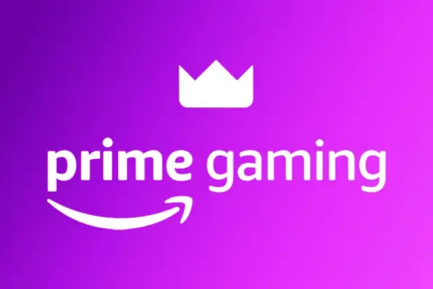 Logo Prime Gaming z koroną i strzałką Amazon na fioletowym tle.