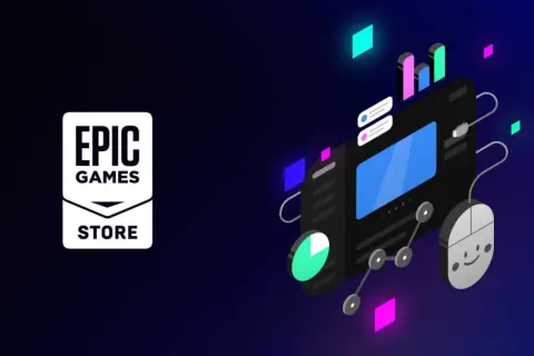 Logo Epic Games Store obok stylizowanej grafiki z myszką i ekranem, sugerujące darmowa gra epic.